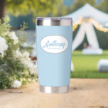 Light Blue Stylized Wedding Groomsman Insulated Tumbler<br><div class="desc">Gift your wedding groomsman with this personalized,  stainless steel,  thermal tumbler with his name in stylized script in a white oval design. Background and script is a trendy,  light blue colour. Personalize your thermal tumbler by editing and replacing groomsman's name with desired name.</div>