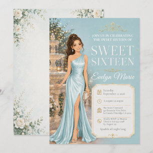 Light Blue Sweet 16 Garden Fountain Party Invitation