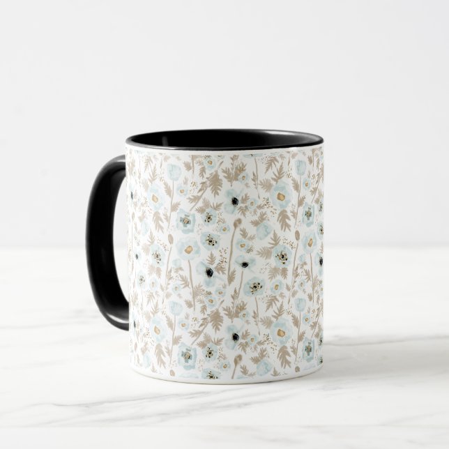 Light Blue Tan Watercolor Floral Pattern Poppies Mug (Front Left)