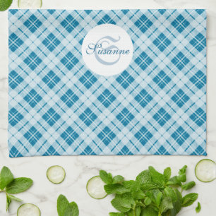 Light Blue tartan Christmas pattern Monogram Kitchen Towel