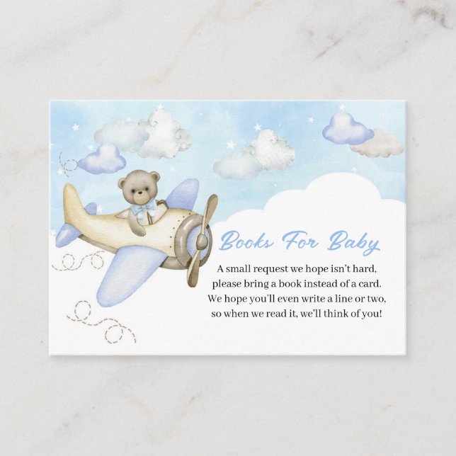 Light Blue Teddy Bear Airplane Books for Baby Enclosure Card (Front)