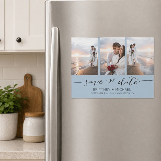 Light Blue Three Photo Save the Date (Soft light blue three photo collage save the date magnet featuring elegant handwritten script )