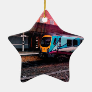 Light blue train ceramic ornament