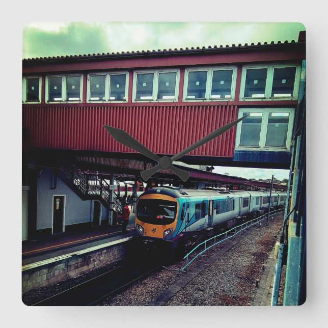 Light blue train , under the bridge  square wall clock (Front)