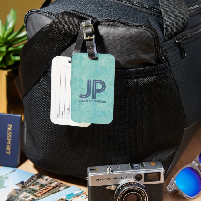 Light blue tropical palm leaves pattern luggage tag (Front & Back)