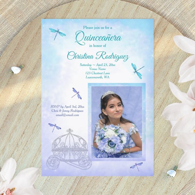 Light Blue & Turquoise, Carriage Quinceañera  Invitation (dusty blue turquoise quinceanera invitations)