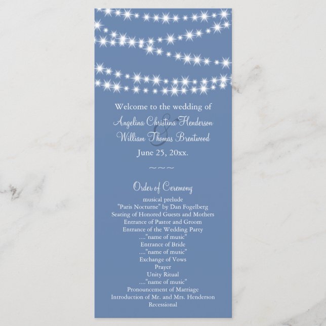 Light Blue Twinkle Lights Wedding Program (Front)