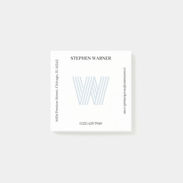 Light Blue Typography Monogram Name Address Post-it Notes (Front)