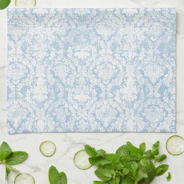 light blue vintage damask pattern kitchen towel (Folded)