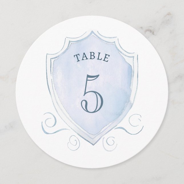Light Blue Watercolor Crest Round Table Number (Front)