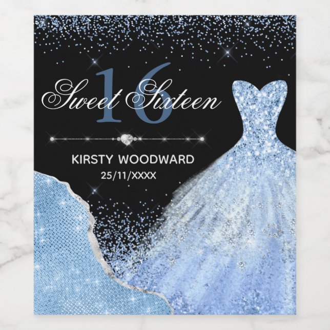 Light Blue Watercolor Dress Sweet 16 Birthday Wine Label (Single Label)
