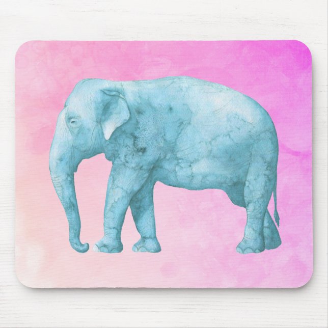 Light Blue Watercolor Elephant on Pink Background Mouse Pad (Front)