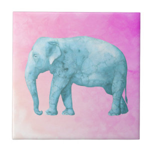 Light Blue Watercolor Elephant on Pink Background Tile
