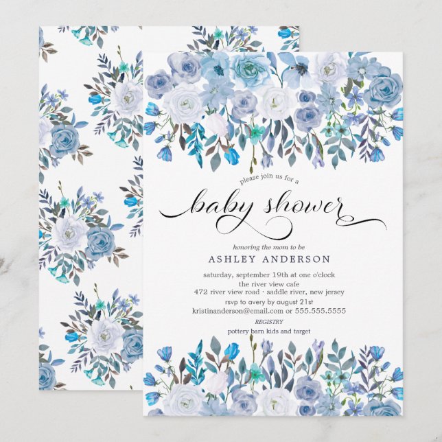 Light Blue Watercolor Floral Baby Shower Invitation (Front/Back)