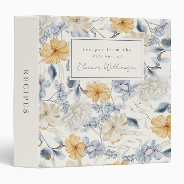 Light Blue Watercolor Floral Personalized Recipe Binder (Front/Spine)