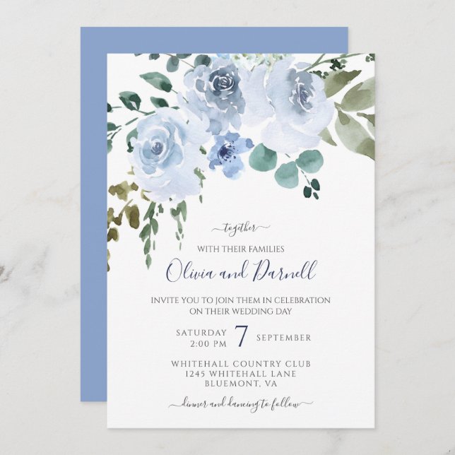 Light Blue Watercolor Floral Wedding I Invitation (Front/Back)