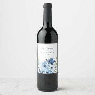 Light Blue Watercolor Floral Wedding Names Custom Wine Label