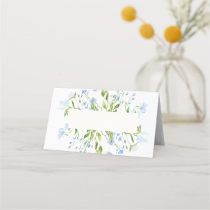 Light Blue Watercolor Flowers Folded Place Card