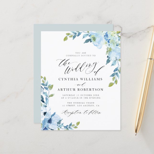 light blue watercolor flowers wedding invitation (Front/Back In Situ)