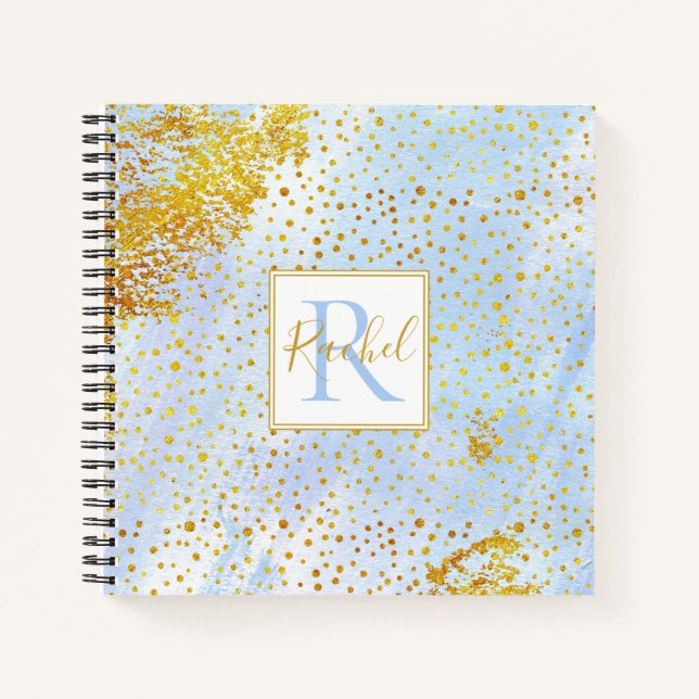 Light blue watercolor, gold confetti monogram notebook (Front)