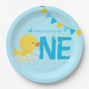 Light Blue Watercolor Rubber Duck ONE 1st Birthday Paper Plate