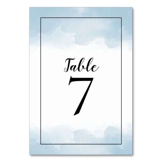 Light Blue Watercolors Black Script Wedding Table Number (Front)