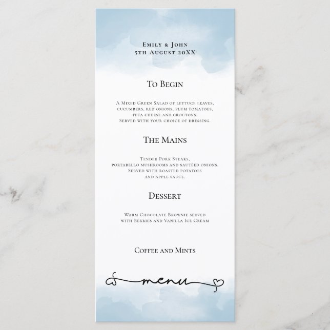 Light Blue Watercolors Heart Swash Wedding Menu (Front)