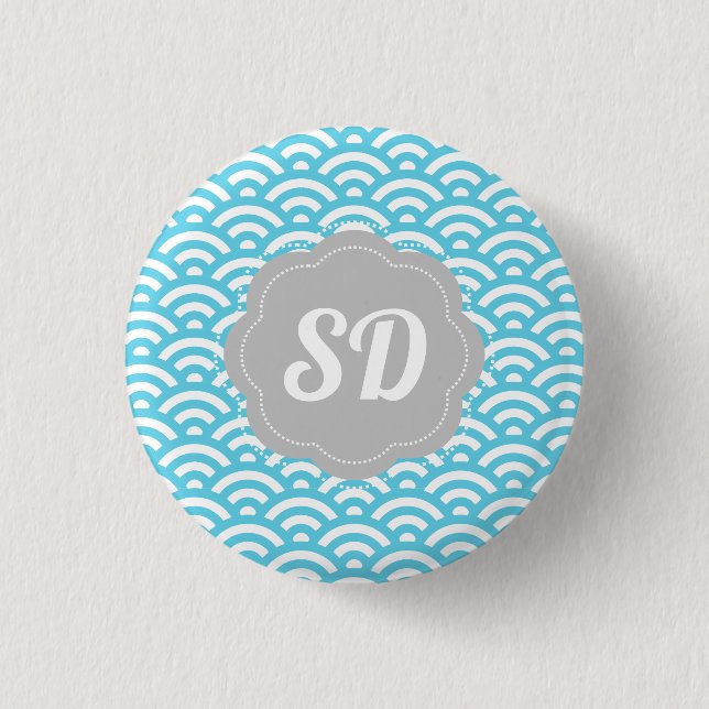 Light Blue Wave Custom Monogram 1 Inch Round Button (Front)
