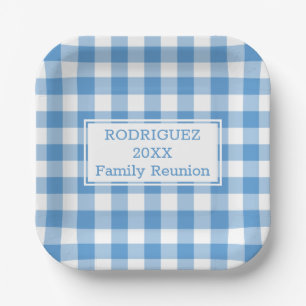Light Blue White Buffalo Check Family Reunion Paper Plate