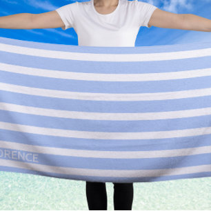 Light blue white cabana stripes - personalized beach towel
