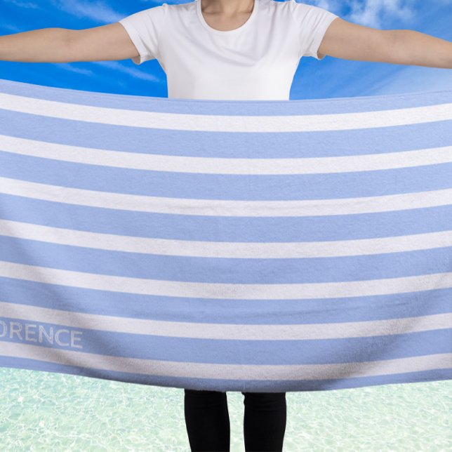 Light  blue white  cabana stripes  - personalized  beach towel (Creator Uploaded)
