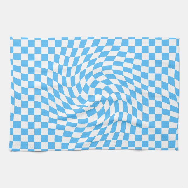 Light Blue & White Chequered Chequerboard Pattern  Kitchen Towel (Horizontal)