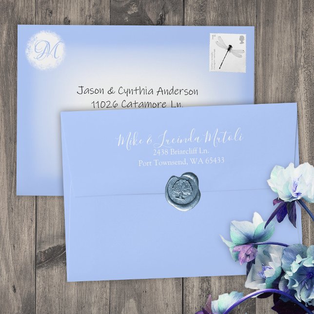 Light Blue & White Fade Pre-addressed 5x7 Monogram Envelope (Light blue, dusty blue, sky blue 5x7 wedding invitation envelopes, address pre-printed on back flap)