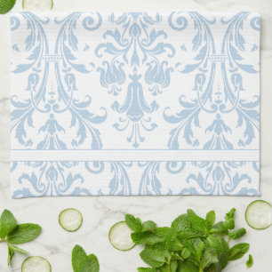 Light Blue White Floral Swirls Damask Monogram Kitchen Towel