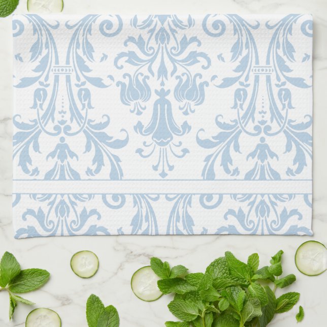 Light Blue White Floral Swirls Damask Monogram Kitchen Towel (Folded)