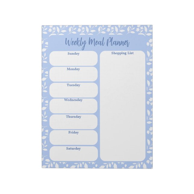 Light Blue White Floral Weekly Meal Planner Notepad (Rotated)