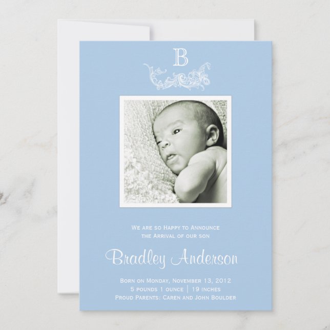 Light Blue White Frame Monogram Baby Announcement (Front)