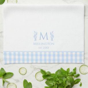 Light Blue & White Gingham Custom Monogram Name Kitchen Towel