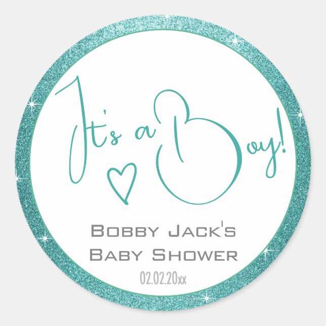 Light Blue White Glitter Stars Frame Baby Shower  Classic Round Sticker