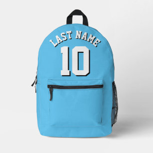 Light Blue White Last Name Sports Jersey Number Printed Backpack