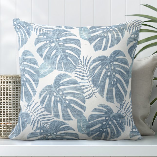 Light Blue & White Monstera Palm Leaves Throw Pillow (Creator Uploaded)