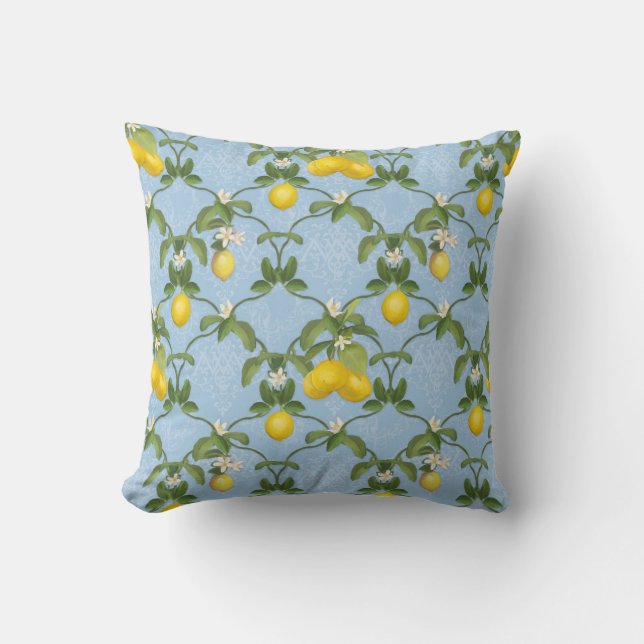 Light Blue White Pattern Lemon Leaf Trellis Floral Throw Pillow (Front)