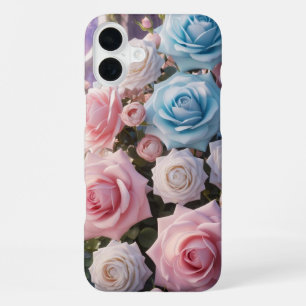 Light Blue, White & Pink Roses  iPhone 16 Plus Case
