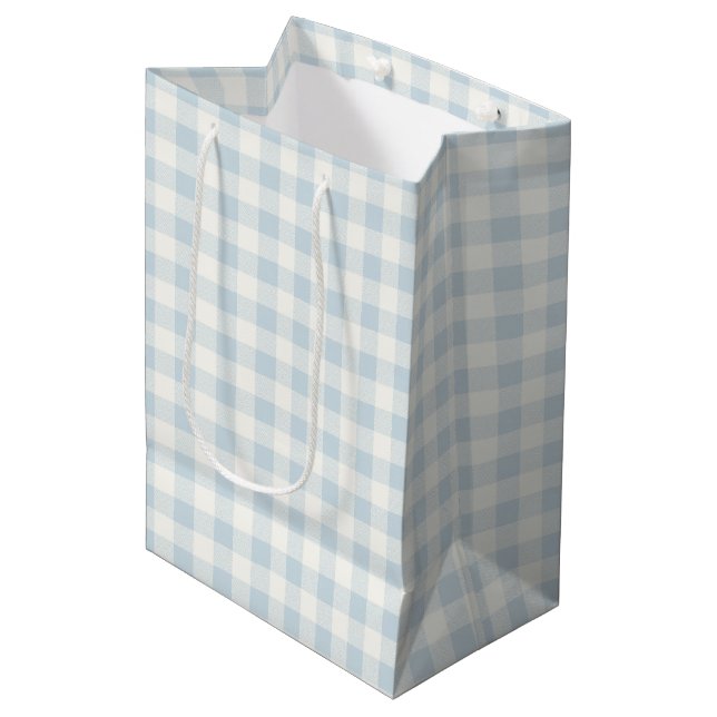 Light Blue White Plaid Stripes Bridal Shower Medium Gift Bag (Front Angled)