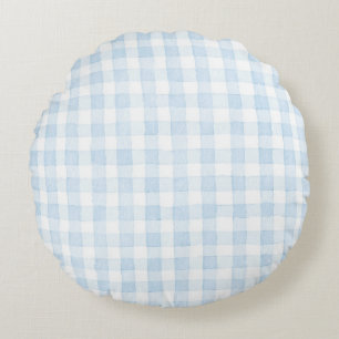 Light Blue White Plaid Stripes Round Pillow