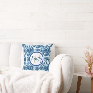 Light Blue & White Shibori Tie Dye Monogram Name Throw Pillow