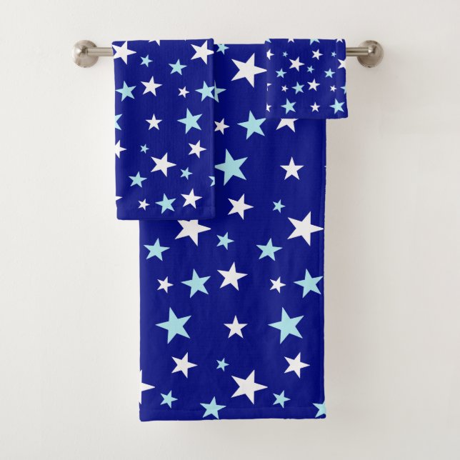 Light Blue & White Stars on Navy Blue Bath Towel Set (Insitu)