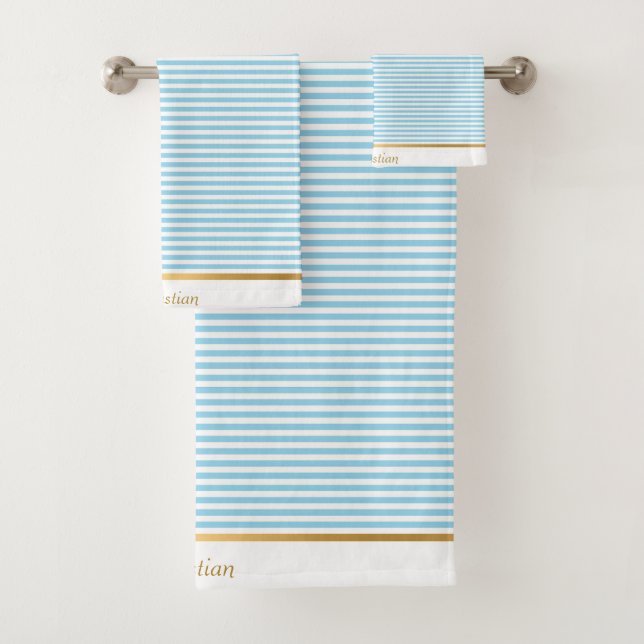 LIGHT BLUE WHITE STRIPED PATTERN TRIM TOWEL SET (Insitu)