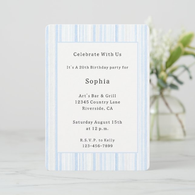 Light Blue White Stripes Birthday   Invitation (Standing Front)