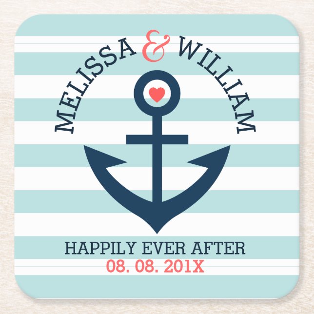 Light Blue & White Stripes Navy-Blue Boat Anchor Square Paper Coaster (Front)